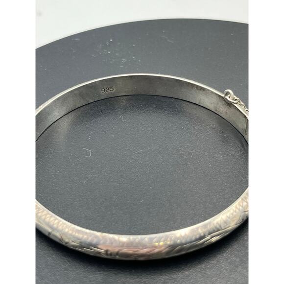 Vintage Sterling Silver Etched Engraved Thin Hinged Safety Chain Bangle Bracelet - Picture 5 of 10